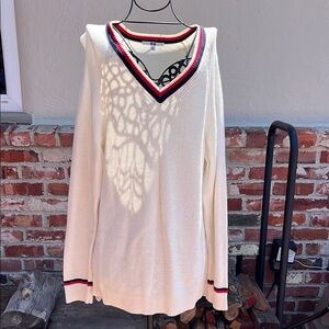 Cream V-Neck Sweater with Red and Blue Trim